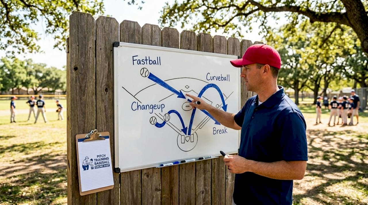 Coach explaining baseball pitch types on whiteboard