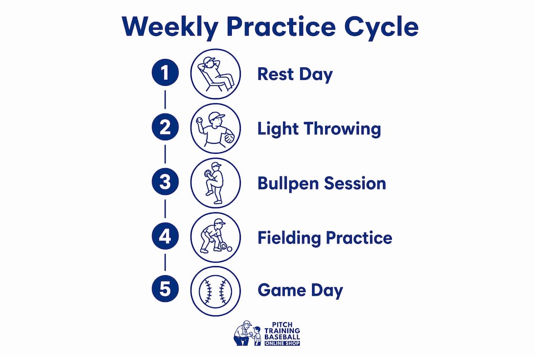 Infographic illustrating weekly pitching practice cycle