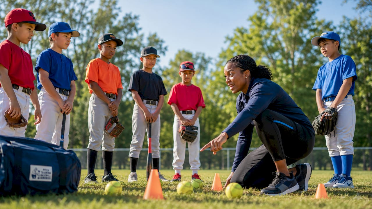 Coach organizing youth baseball practice stations indoors