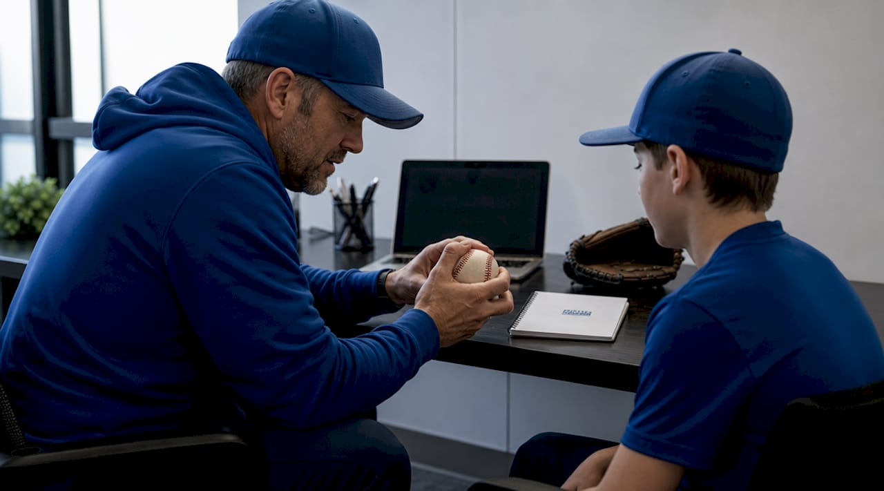 Coach instructing youth pitcher during practice