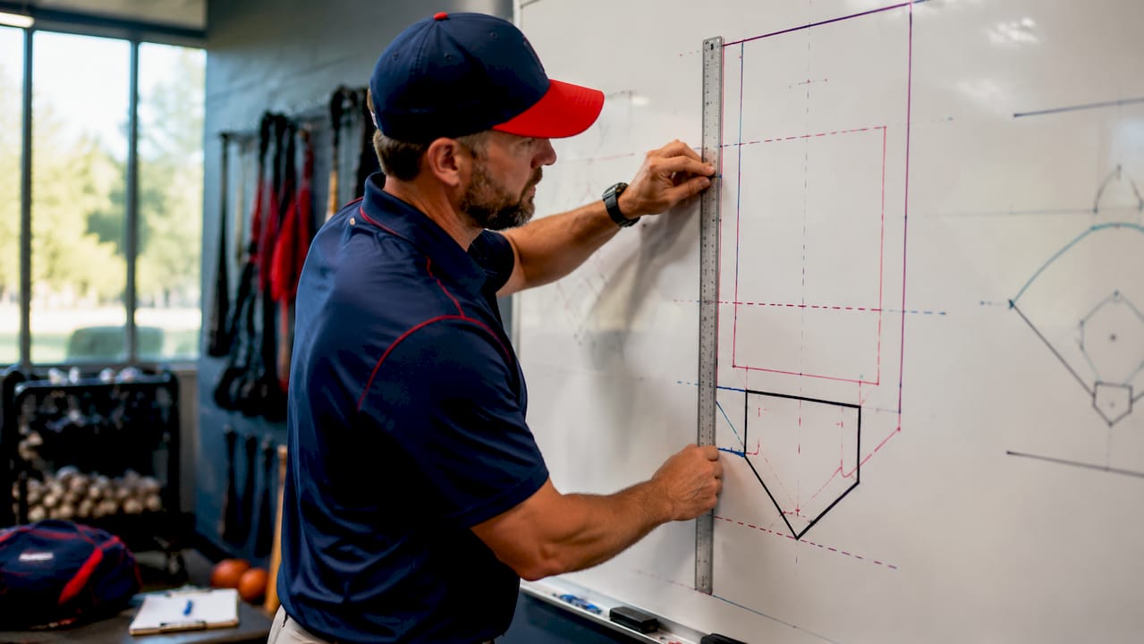 Hands measuring strike zone dimensions on chart
