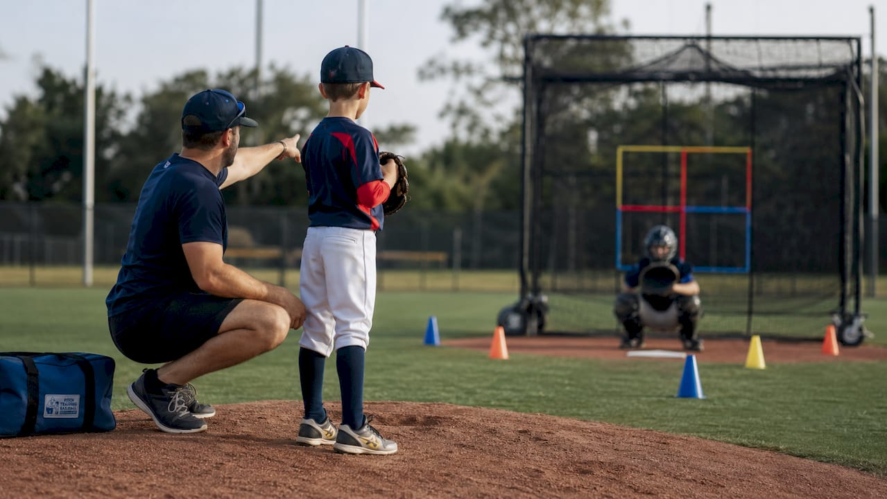 Coach instructing young pitcher during practice