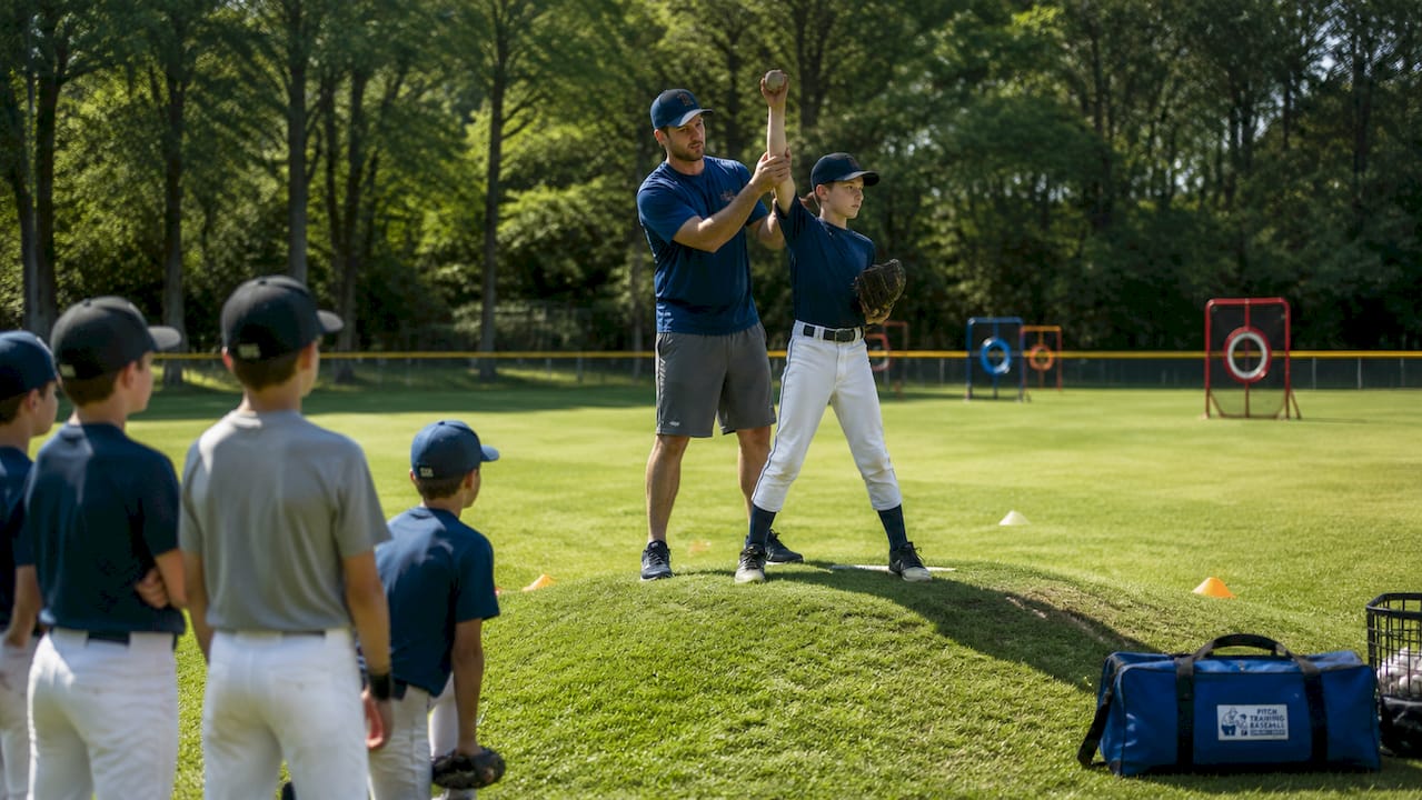 Coach teaching pitching mechanics to youth players