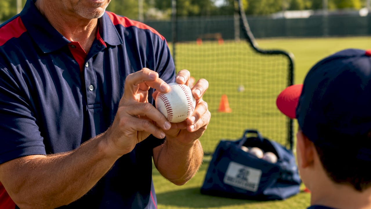 Coach demonstrating kick-change grip on baseball indoors