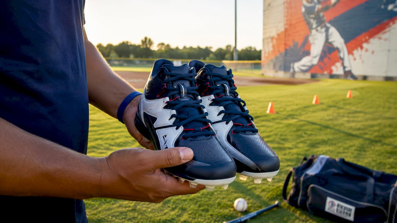 Custom baseball cleats held by coach indoors