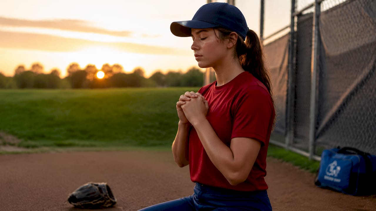 Female pitcher focusing with eyes closed in bullpen
