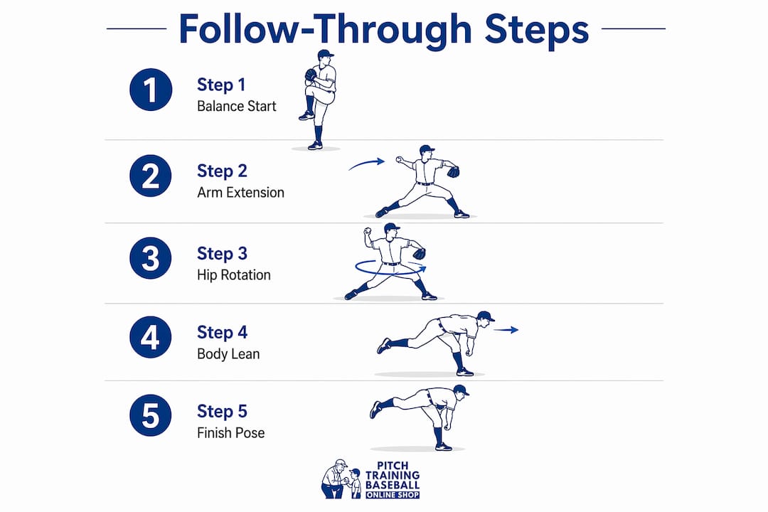 Infographic of step-by-step pitching follow-through process