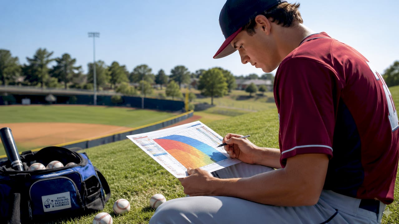 Baseball player reviewing pitching trajectory chart