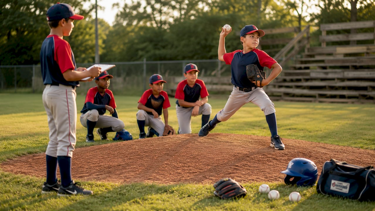 Youth pitchers lined up on mound during practice