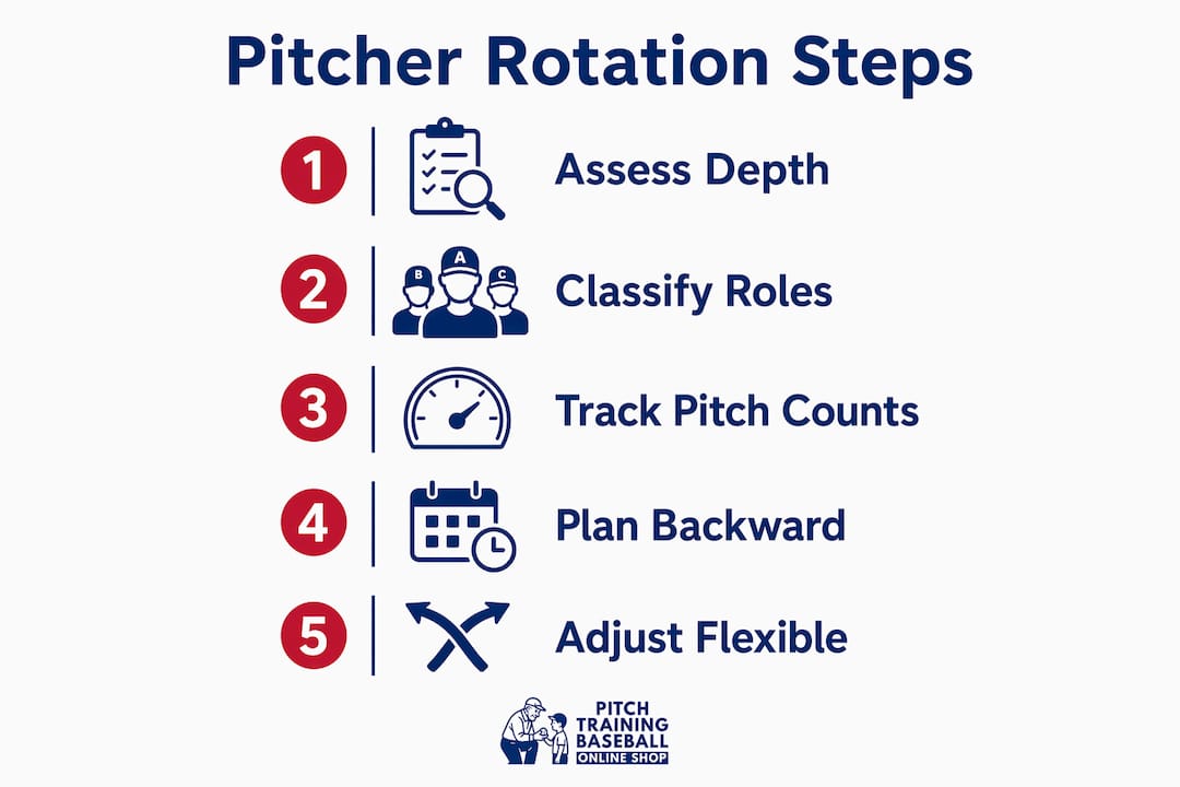 Infographic illustrating pitcher rotation steps
