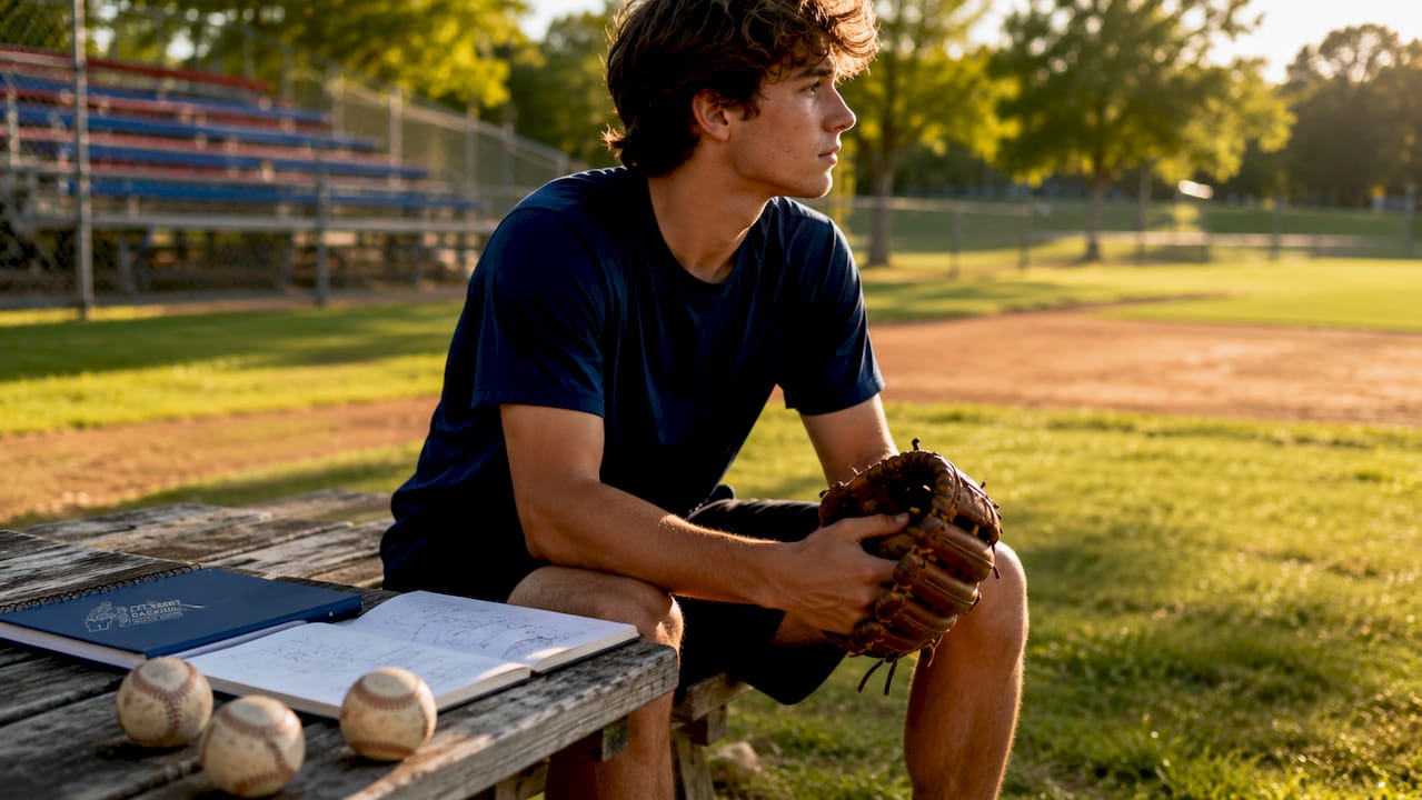 Teen baseball player contemplating muscle memory