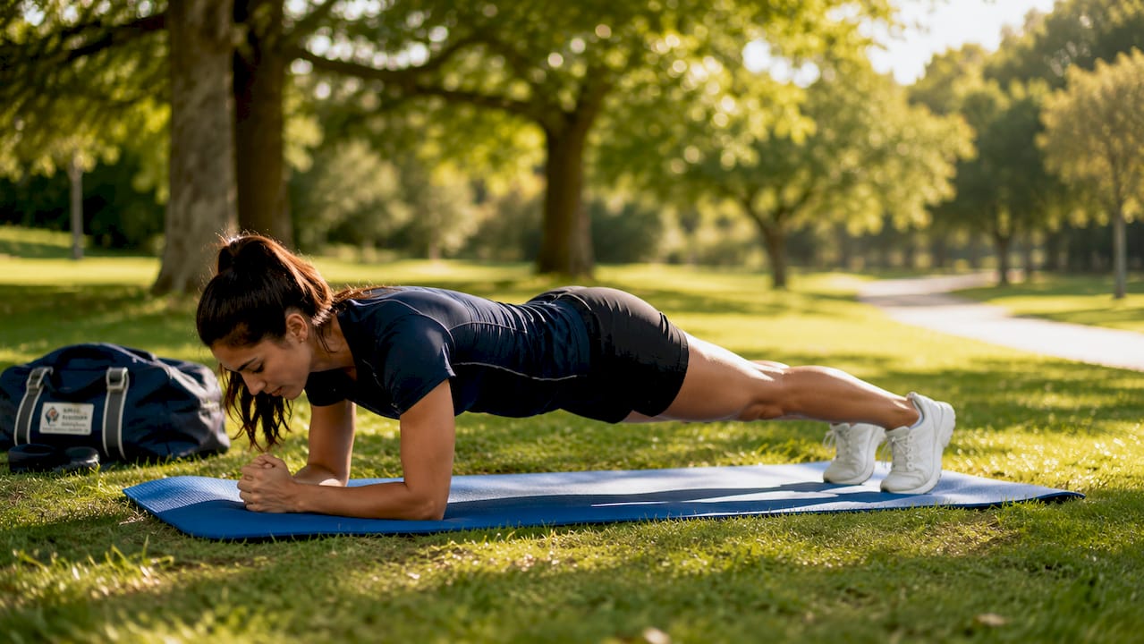 Female athlete doing core plank exercise in gym