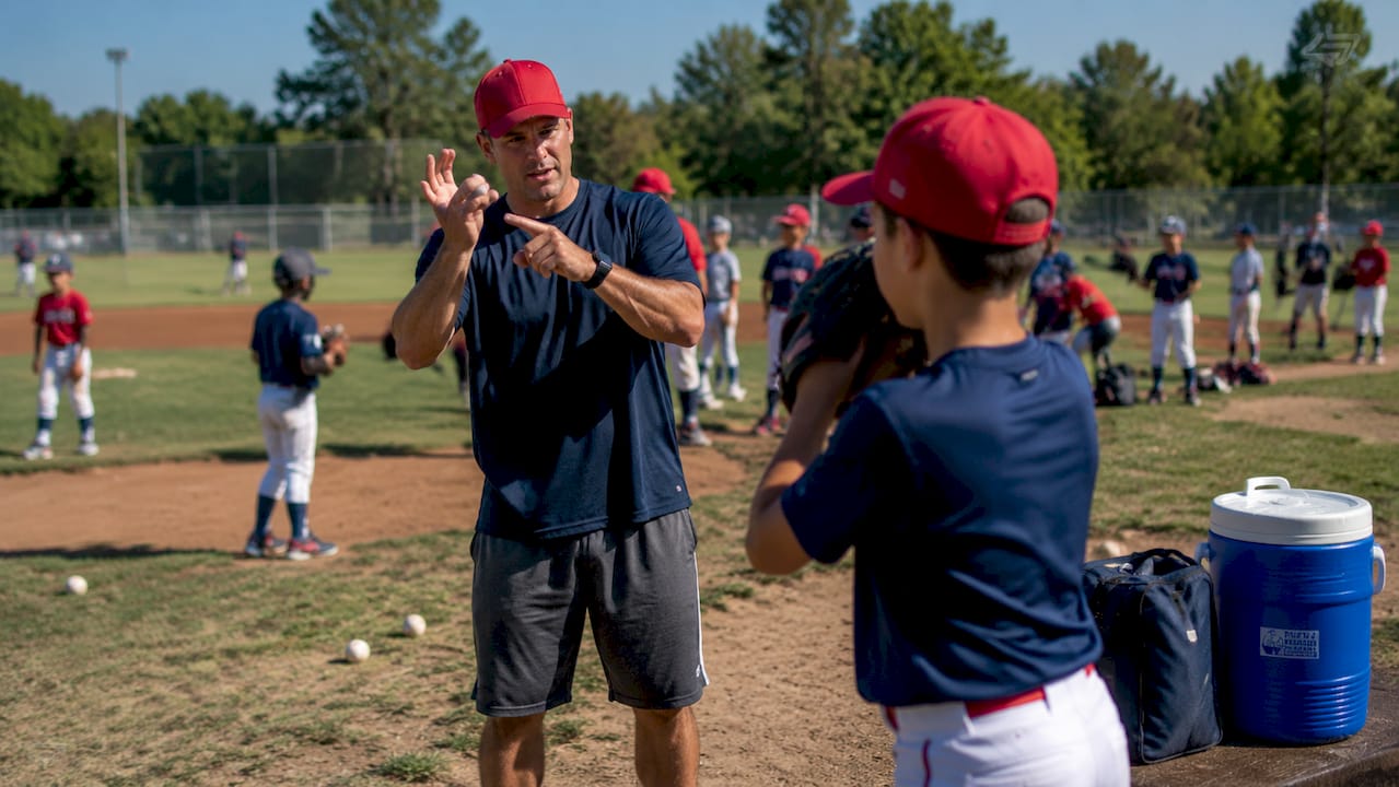 Coach guiding pitcher’s release point