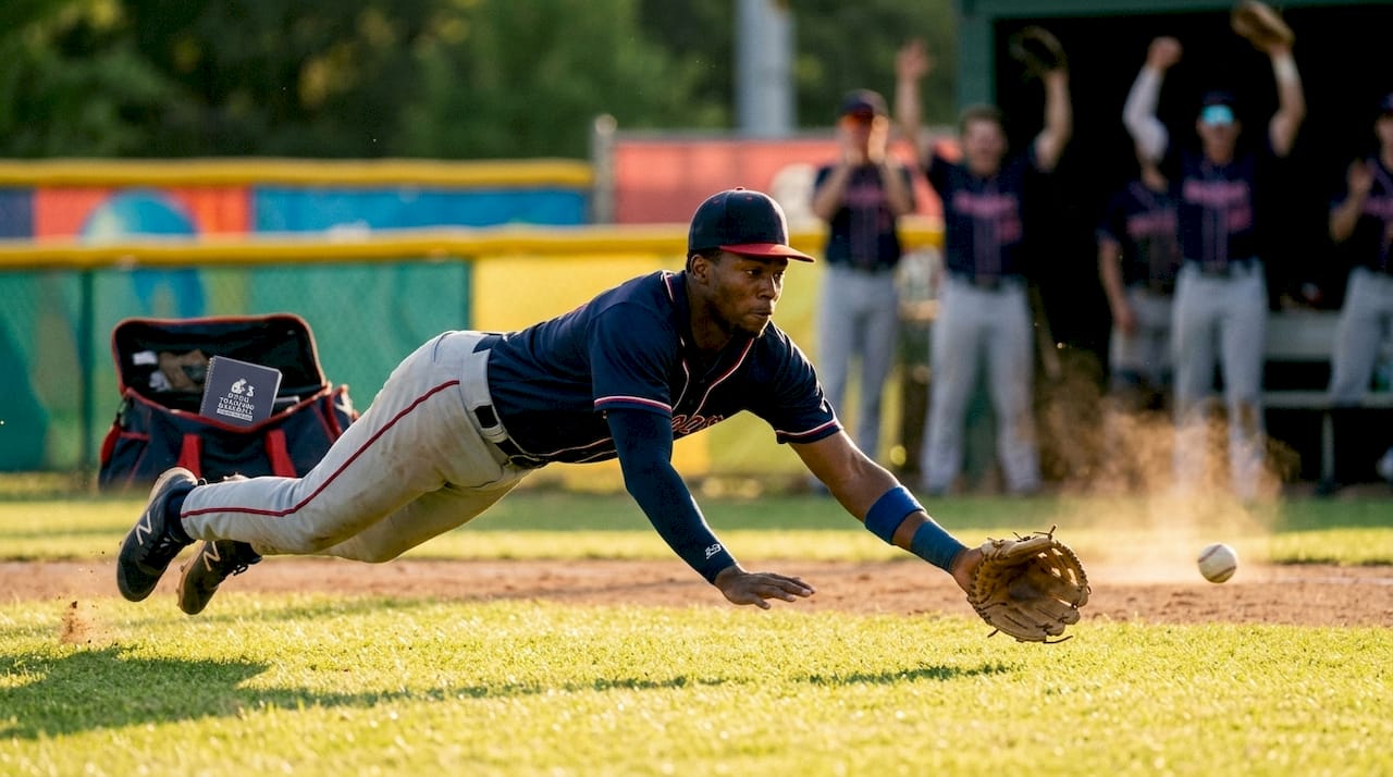 Shortstop diving catch on baseball field