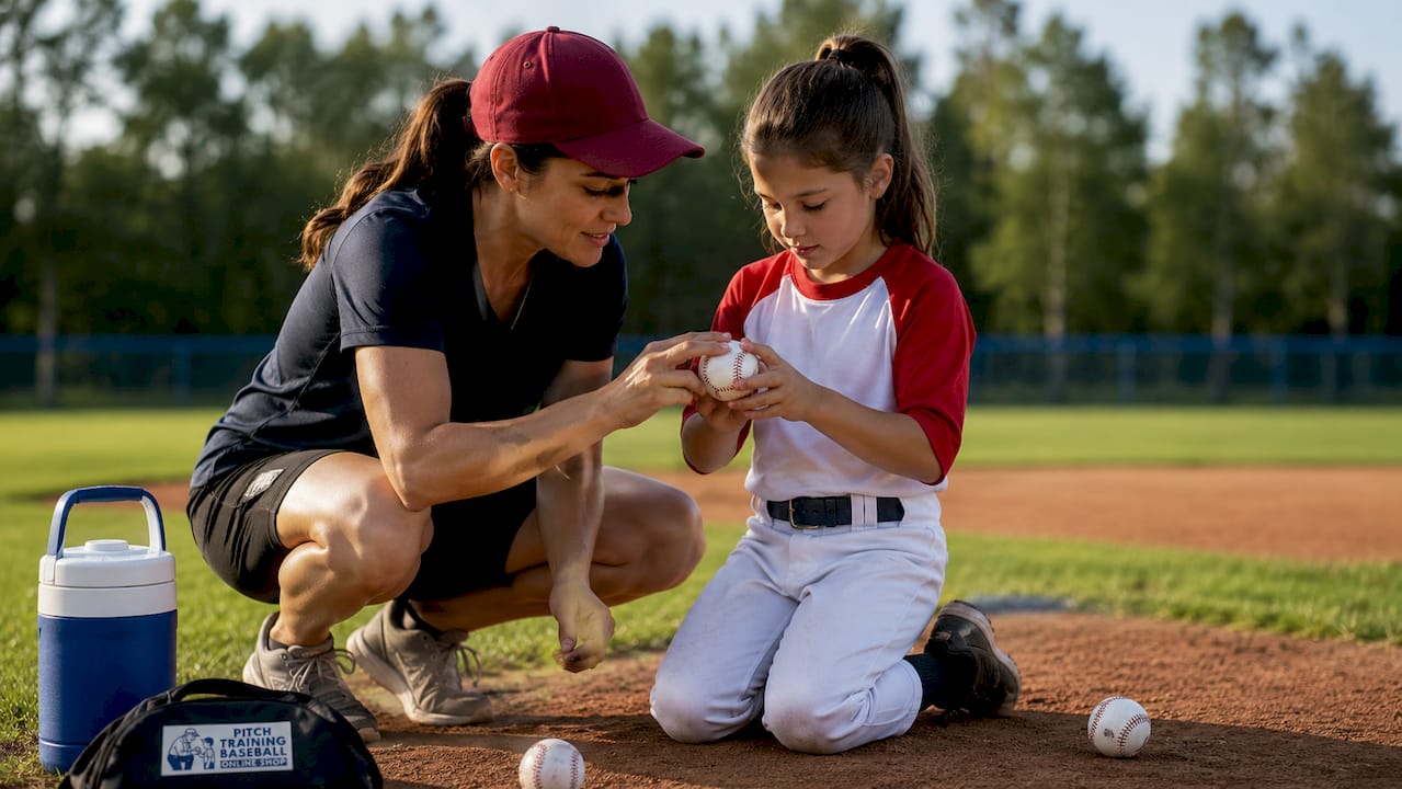 Coach showing pitching grip to young girl