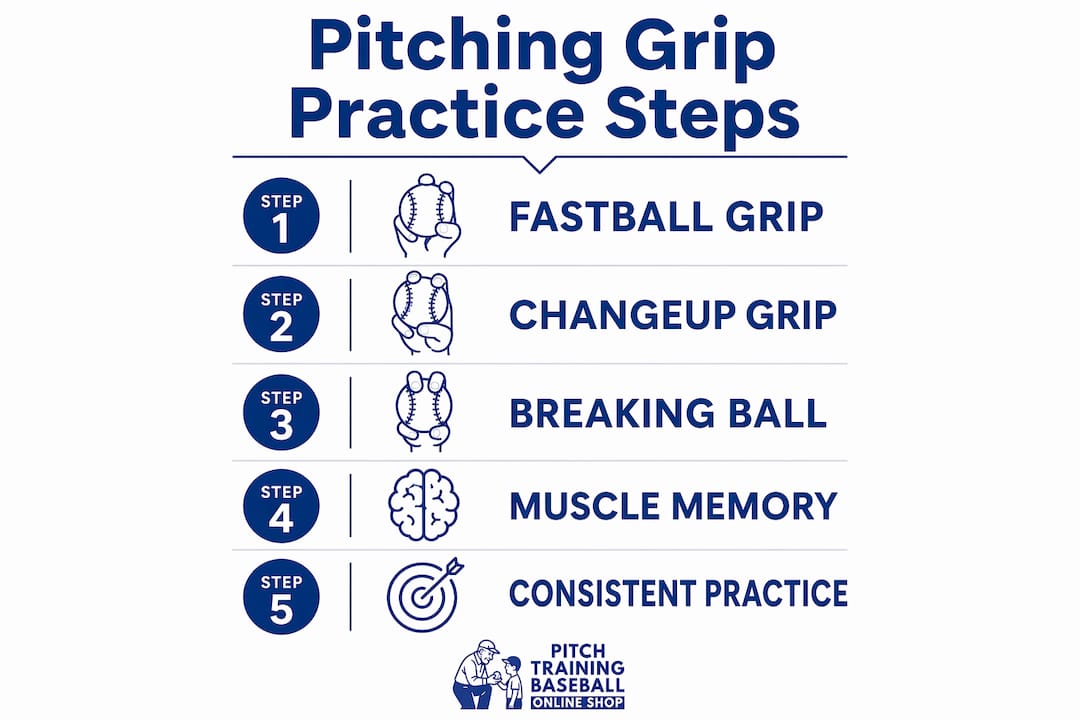 Infographic showing step-by-step pitching grip practice