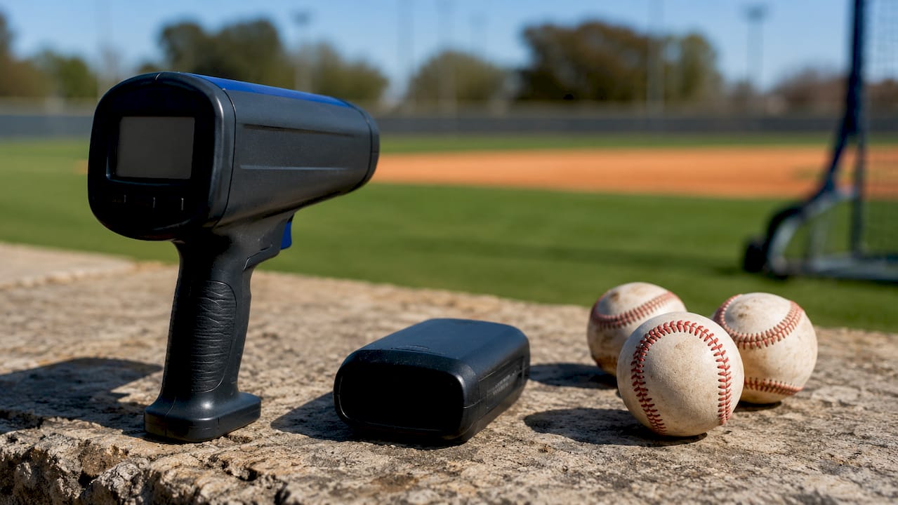 Close-up of baseball pitch tracking tools on bench