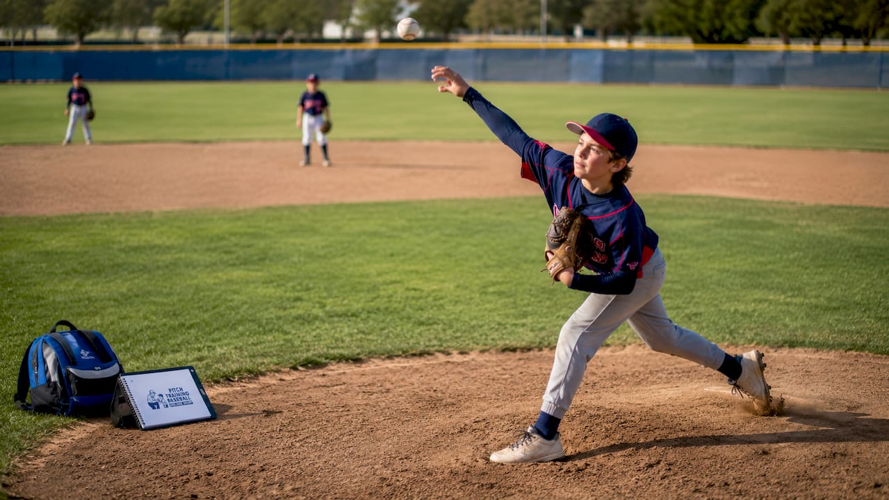 Youth baseball pitcher throwing with coach observing
