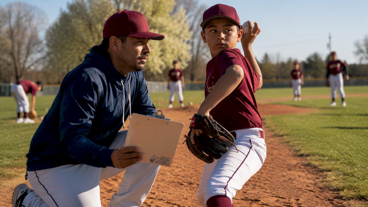 Coach instructing youth pitcher during practice