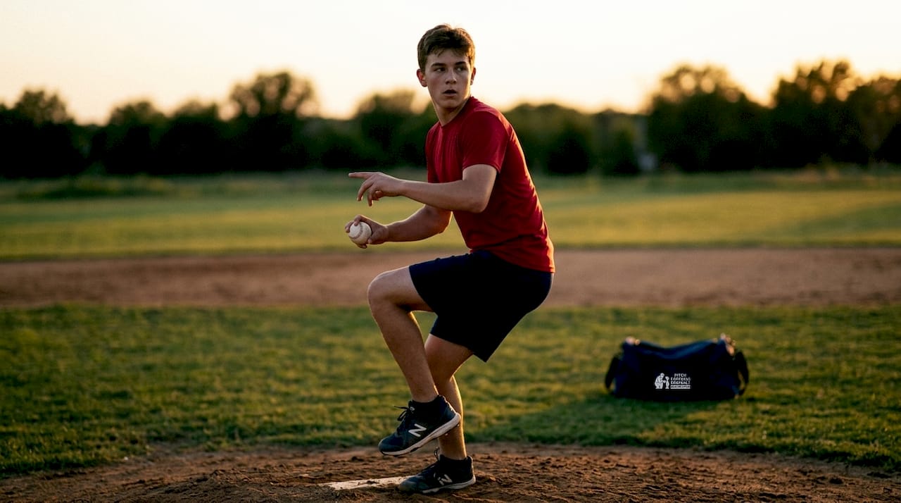 Close-up side view of youth pitcher practicing changeup grip