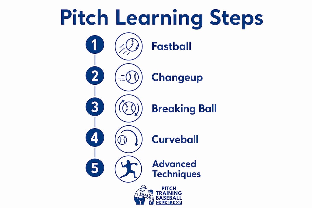 Infographic showing step-by-step pitch learning progression in youth baseball