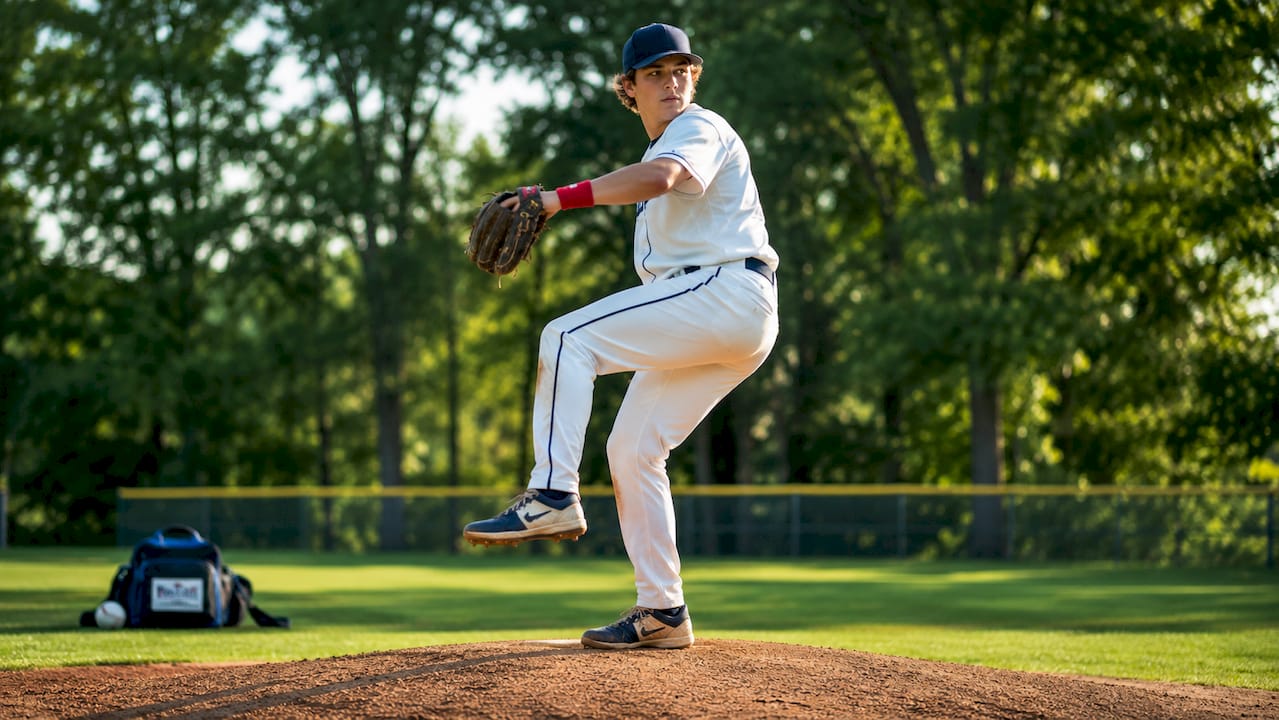 Close side view of young pitcher holding balance point stance