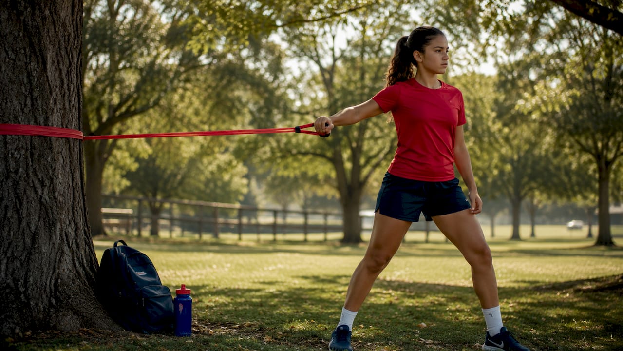Youth player using resistance band for arm exercise
