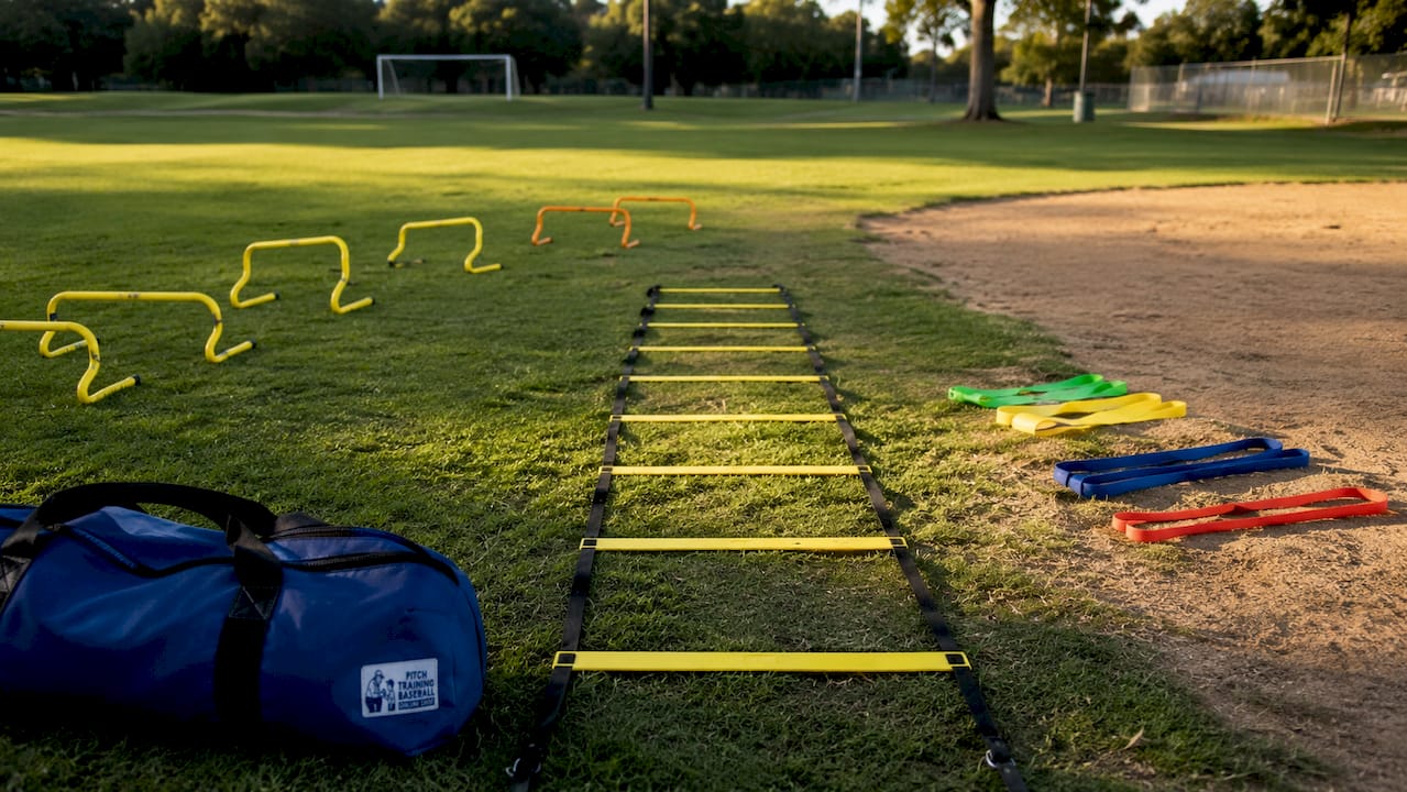 Youth sports training equipment on indoor turf