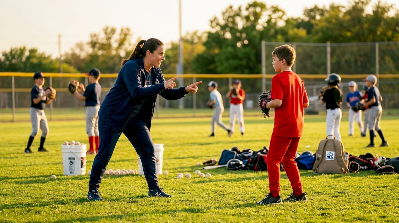 Coach demonstrating pitching grip to youth player