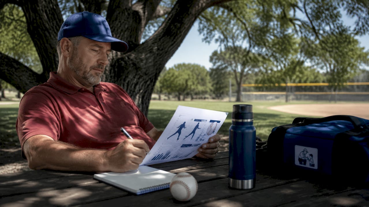 Baseball coach reviewing pitching guidelines