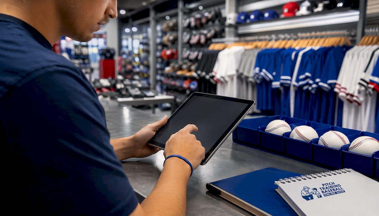 Hands managing baseball inventory on laptop