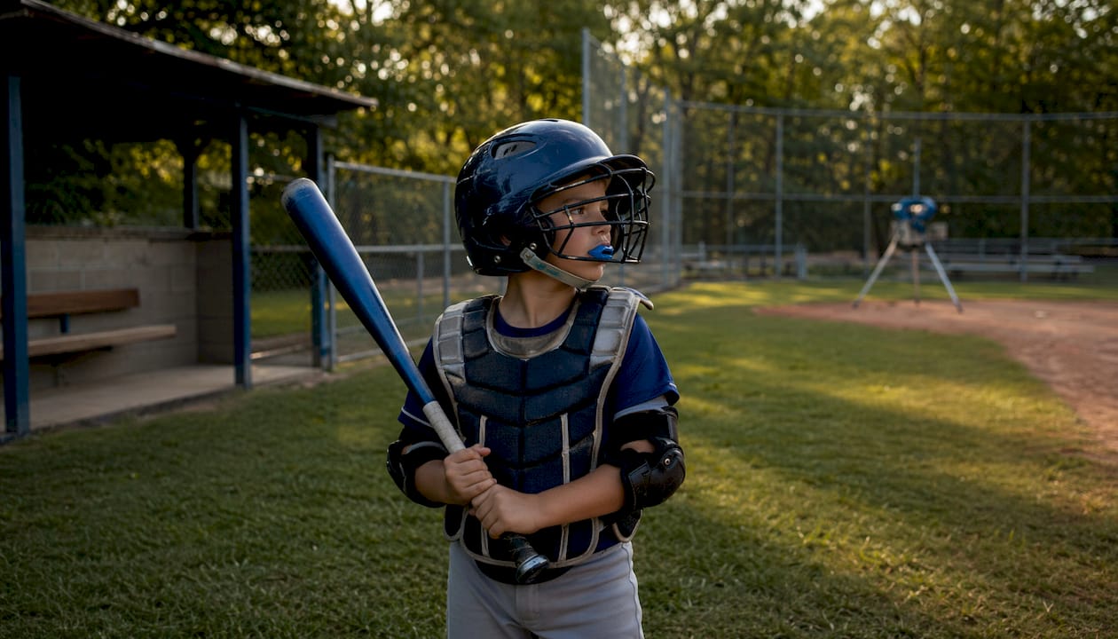 Child in baseball protective gear on field