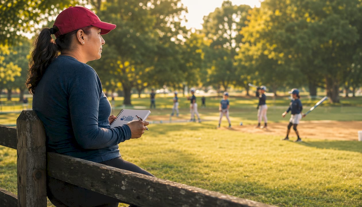 Parent observing youth baseball practice with notes