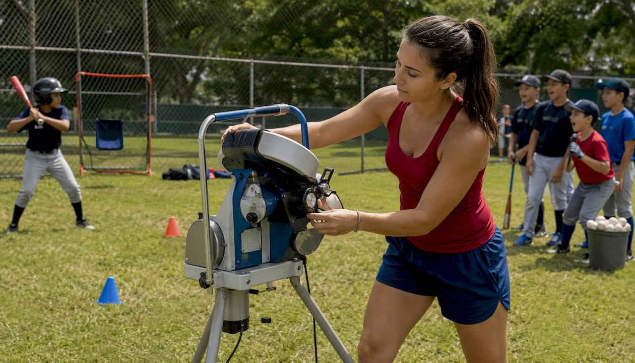 Hands adjusting settings on pitching machine