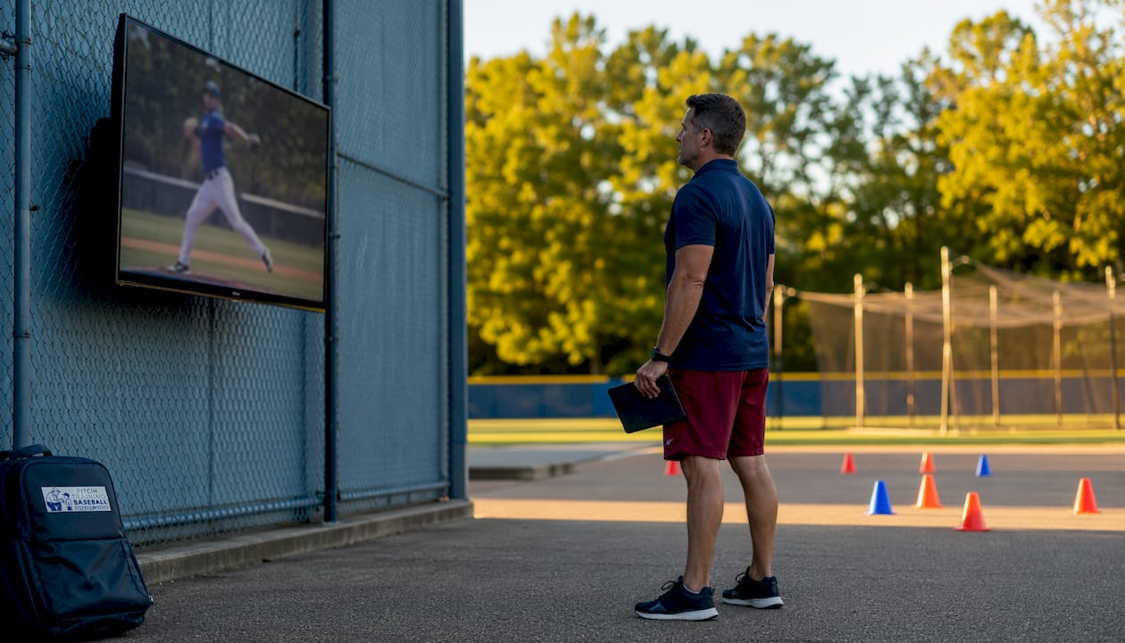 Coach analyzing pitching video in training facility