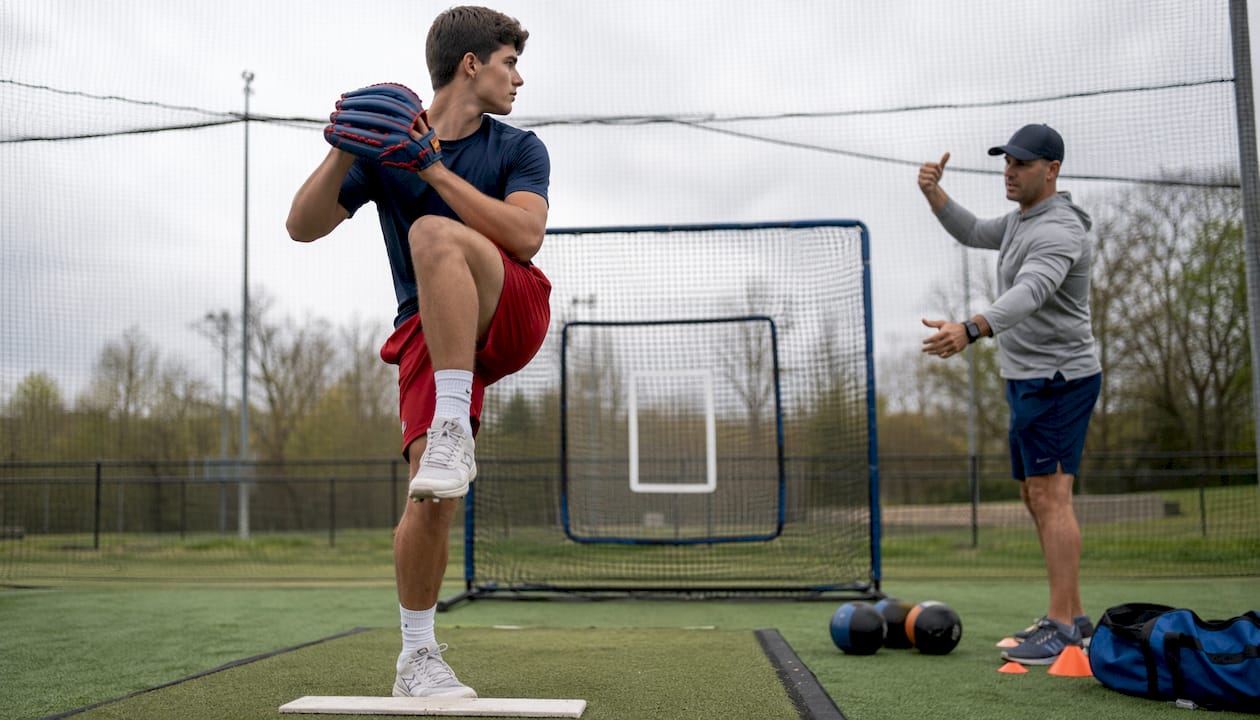 Pitcher receiving mechanics coaching indoors