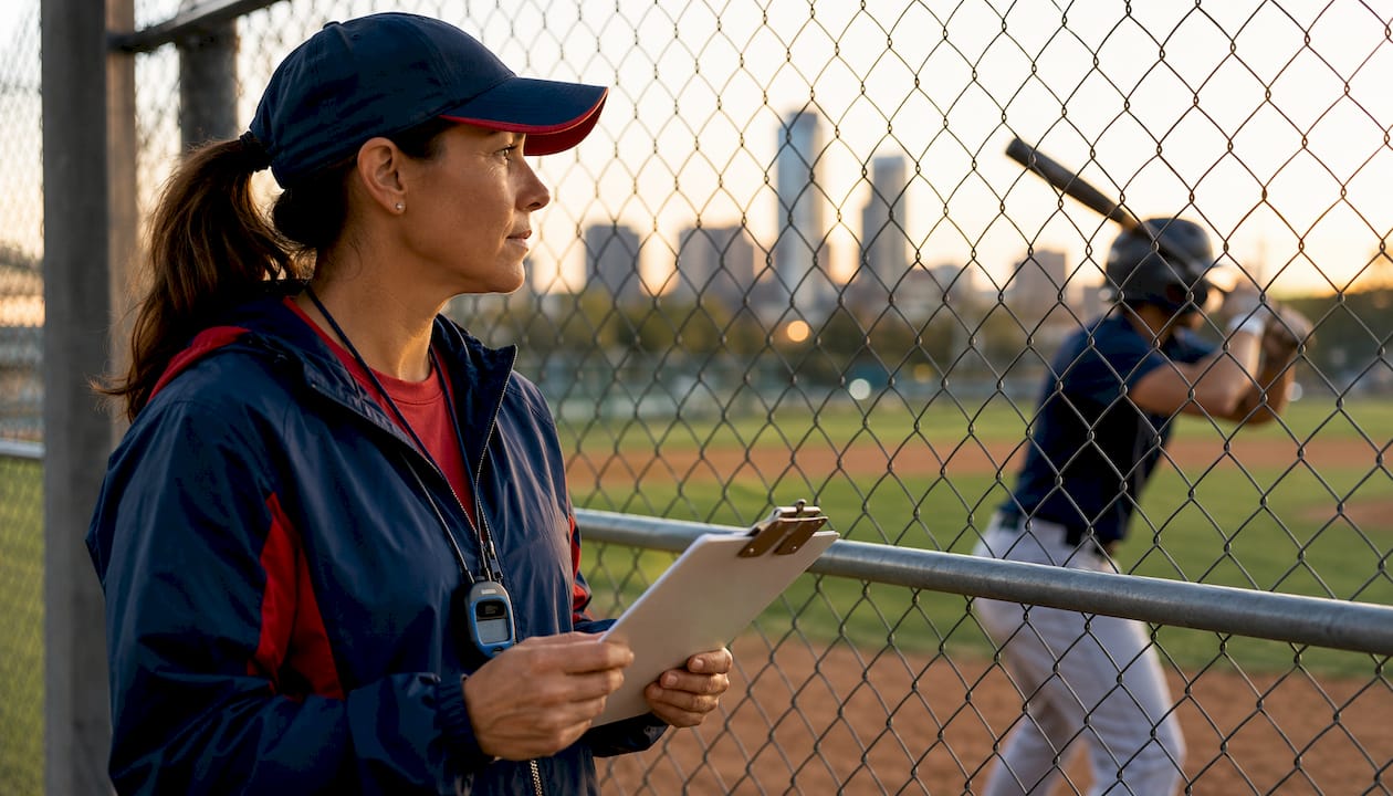 Female coach watching batter's swing closely