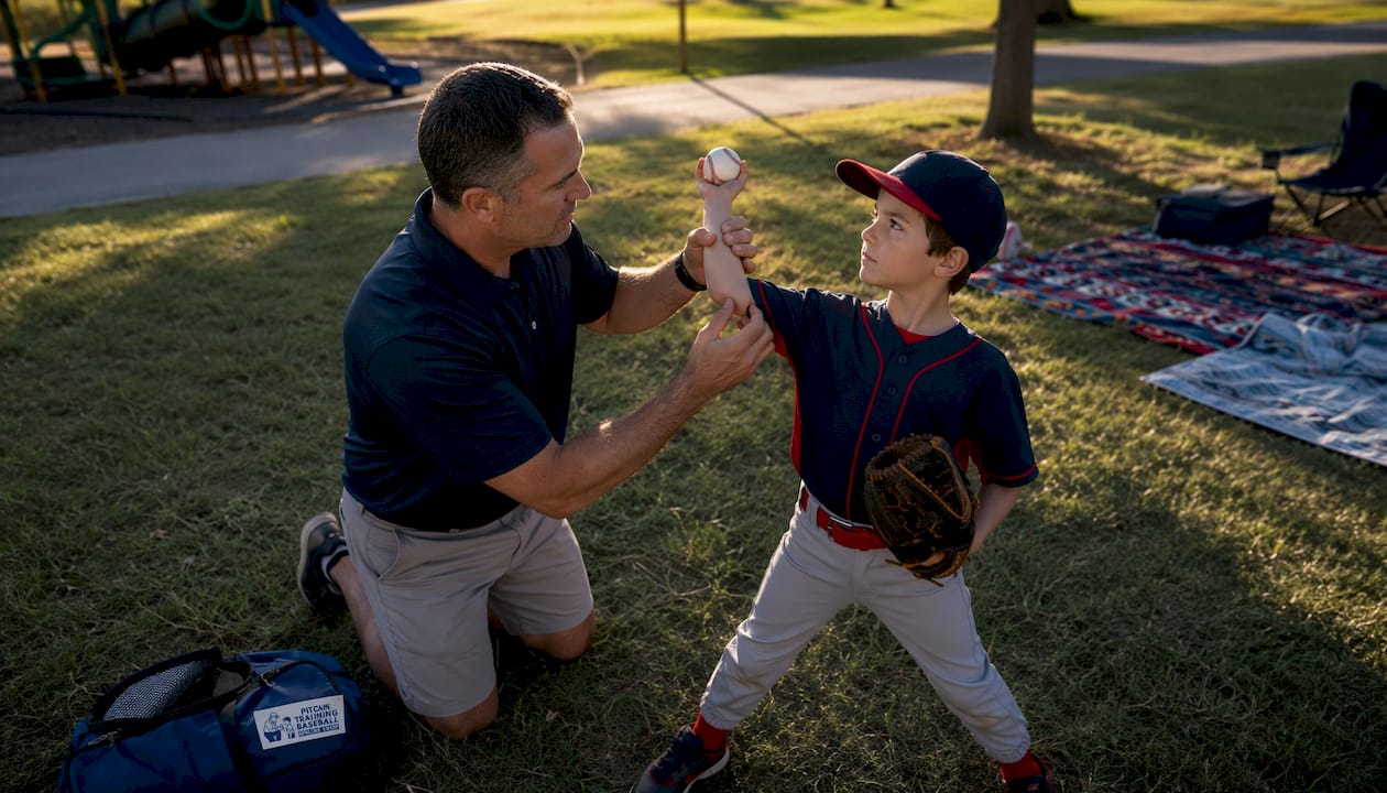 Coach instructing young pitcher on mechanics