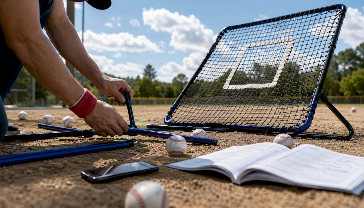 Hands setting up pitching training gear indoors
