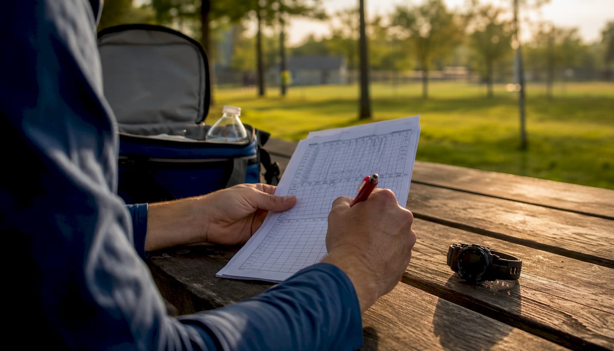Hands updating baseball pitch count spreadsheet outdoors