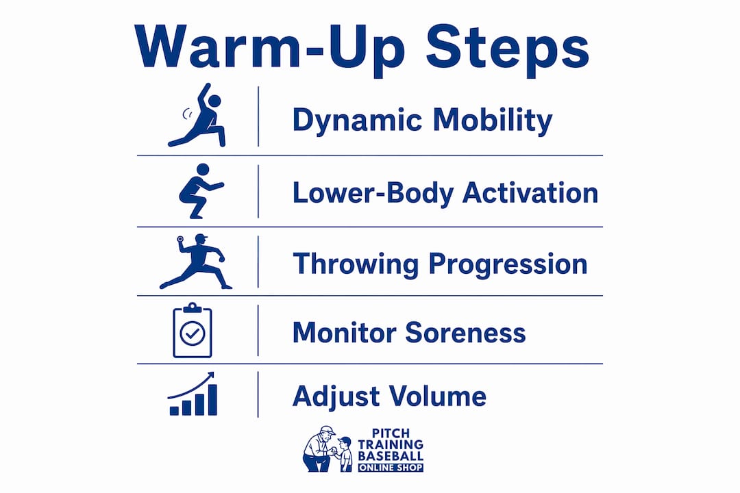 Infographic showing key warm-up steps for youth pitchers