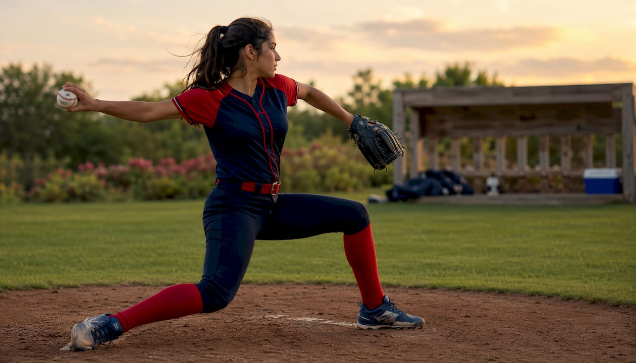 Side view of youth pitcher bending lead knee at foot strike