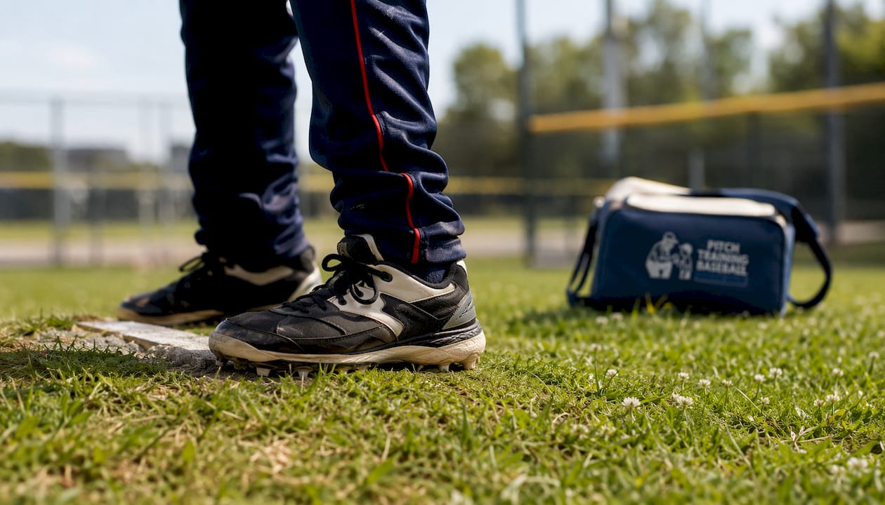 Close-up overhead of youth pitcher's pivot foot toe angle