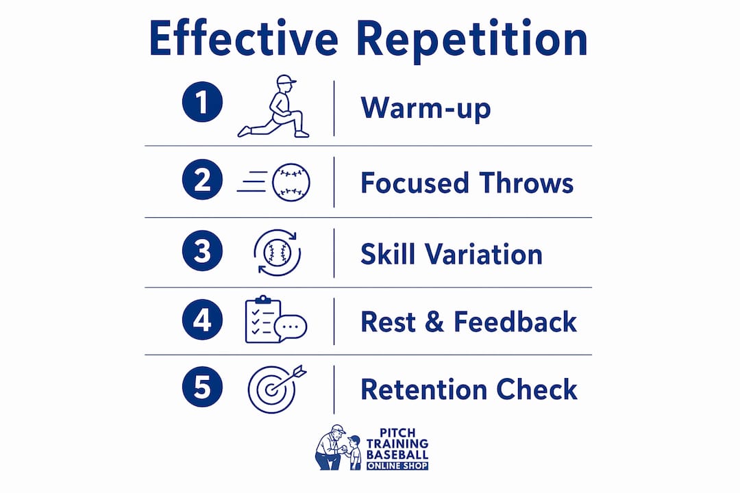 Infographic illustrating effective repetition steps for youth pitchers.