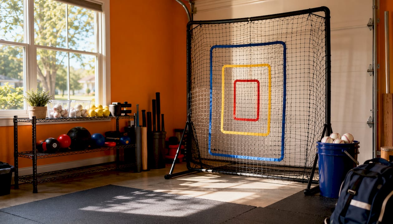 Indoor pitching training aid setup in basement