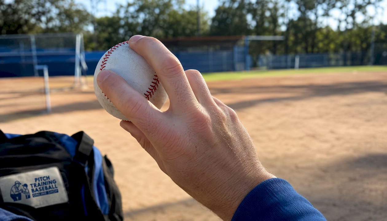 Close-up right hand gripping baseball for slider