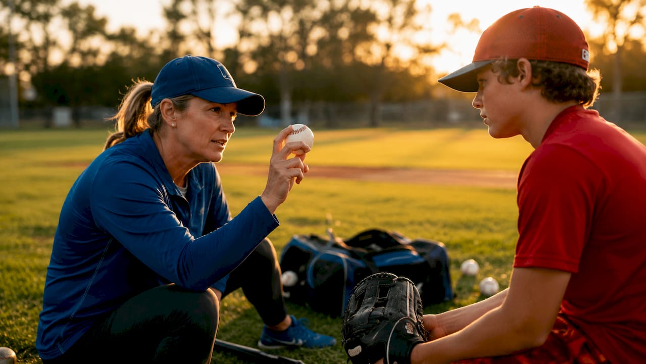 Coach demonstrating slider grip to young pitcher