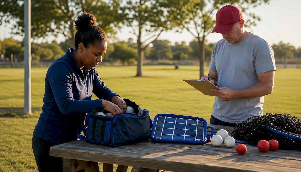 Coaches organizing pitching aids indoors at table