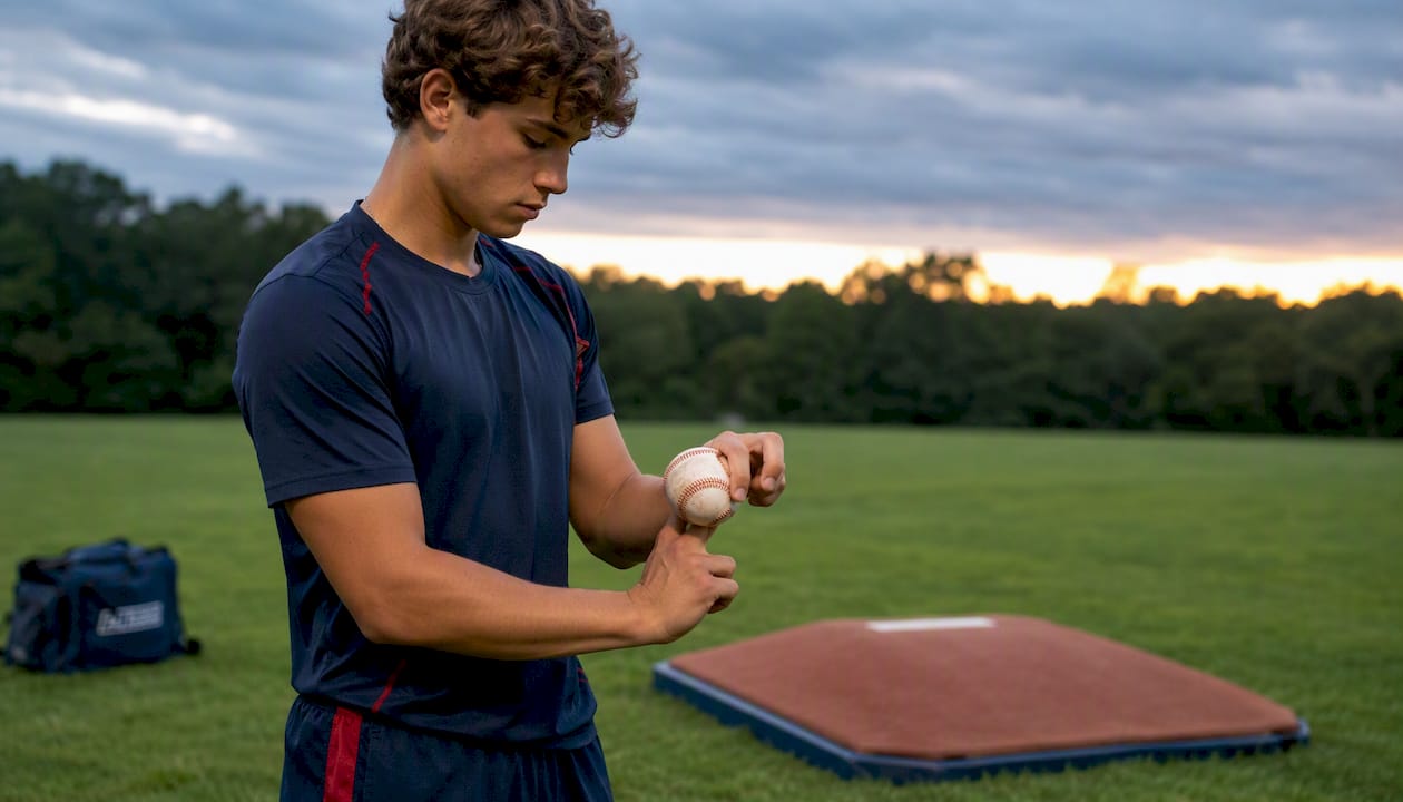 Teen baseball player practicing slider grip wrist drill