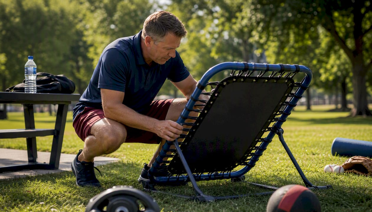 Coach inspecting baseball rebounder indoors